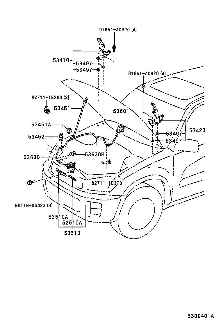 Схема замок, петли и амортизаторы капота на TOYOTA RAV4 J/L ACA21W-AWMGH