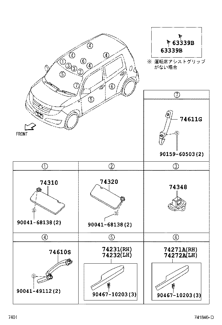 Схема ручки и солнцезащитные козырьки на TOYOTA BB QNC25-BHSXK